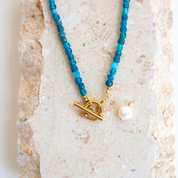 Blue Apatite Gemstone Necklace Gold Toggle Clasp Removable Baroque Pearl - Picture 7 of 16